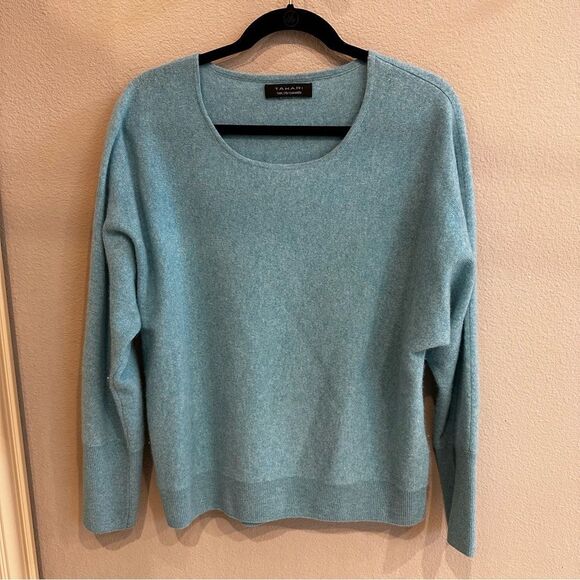 Tahari | L | teal 100% 2 Ply Cashmere Turquoise Pullover Sweater Top - Picture 1 of 7